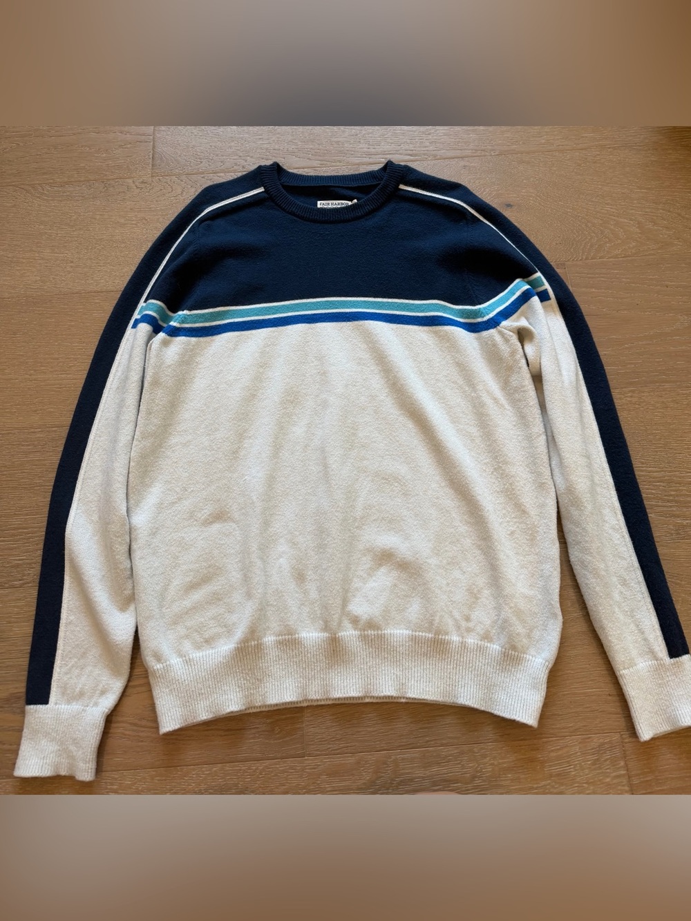 Men’s Fair Harbor Navy & Cream Crewneck Sweater with Blue Stripe Detail